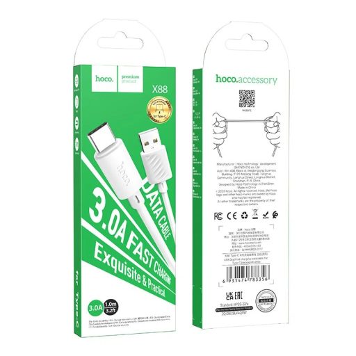 USB-A - USB-C 3A-es adat- és töltőkábel - 1 méter, fehér (Hoco)