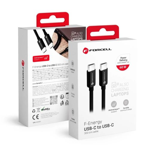 Forcell USB-C - USB-C 60W-os gyorstöltő kábel - 3 méter, fekete