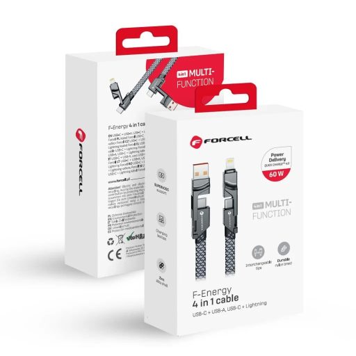 4 az 1-ben USB-A / USB-C - USB-C / Lightning 60W-os gyorstöltő kábel - 1 méter, króm (Forcell)