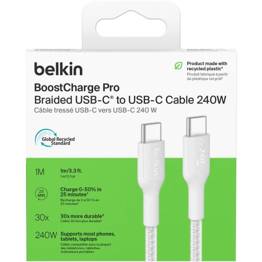 Belkin USB-C - USB-C 240W-os gyorstöltő kábel - 1 méter, fehér