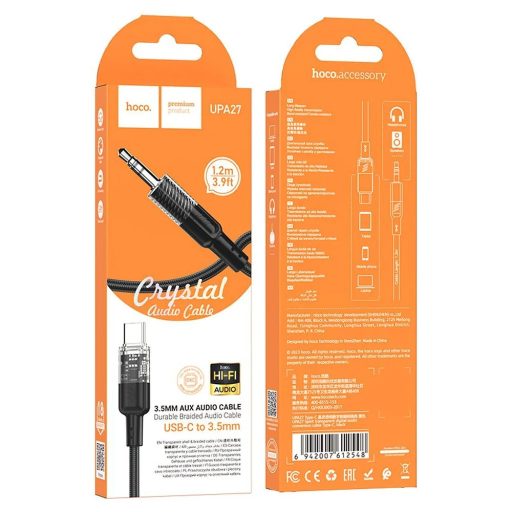 Hoco - AUX audio kábel, Jack 3,5 mm USB C-re - 1,2 méter, FEKETE