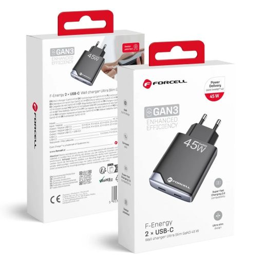 Forcell 2xUSB-C 45W-os GaN3 ultravékony hálózati gyorstöltő - fekete