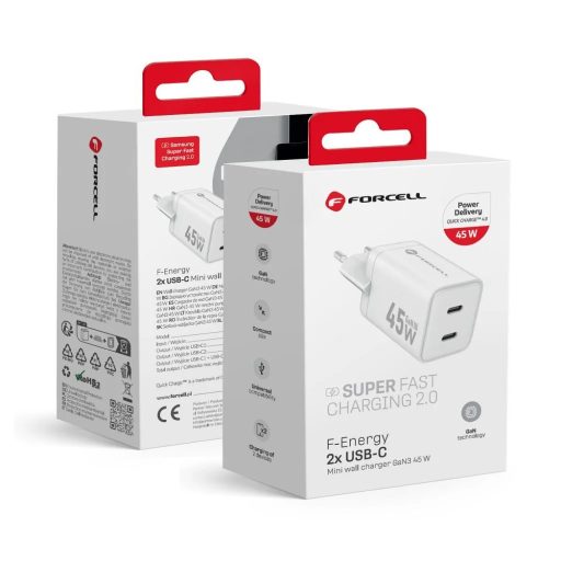 Forcell 2xUSB-C 45W-os GaN3 hálózati gyorstöltő adapter - fehér