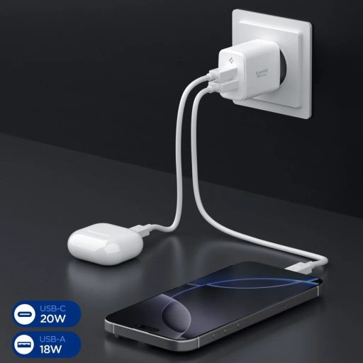 Spigen USB-C + USB-A 20W-os GaN hálózati gyorstöltő - fehér