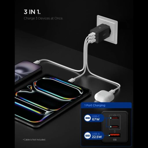 Spigen 2xUSB-C + USB-A 67W-os GaN hálózati gyorstöltő - fekete