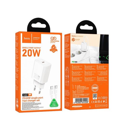 Hoco USB-C 20W-os GaN hálózati gyorstöltő + USB-C kábel - fehér