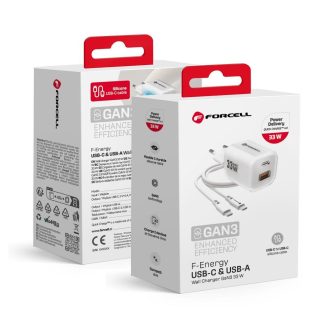   Forcell USB-C + USB-A 33W-os GaN3 hálózati gyorstöltő + USB-C kábel - fehér