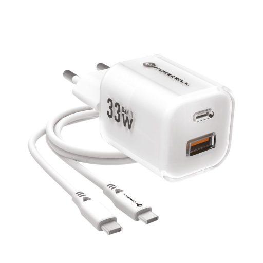 Forcell USB-C + USB-A 33W-os GaN3 hálózati gyorstöltő + USB-C kábel - fehér