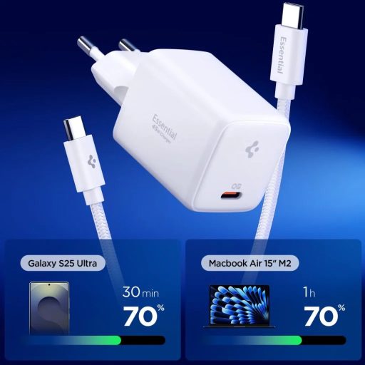 Spigen USB-C 45W-os GaN hálózati gyorstöltő + USB-C kábel - fehér
