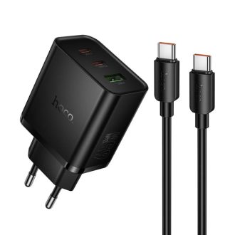   Hoco 2xUSB-C + USB-A 65W-os GaN hálózati gyorstöltő + USB-C kábel - fekete