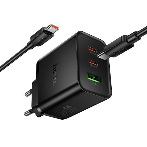Hoco 2xUSB-C + USB-A 65W-os GaN hálózati gyorstöltő + USB-C kábel - fekete
