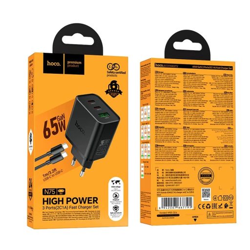 Hoco 2xUSB-C + USB-A 65W-os GaN hálózati gyorstöltő + USB-C kábel - fekete
