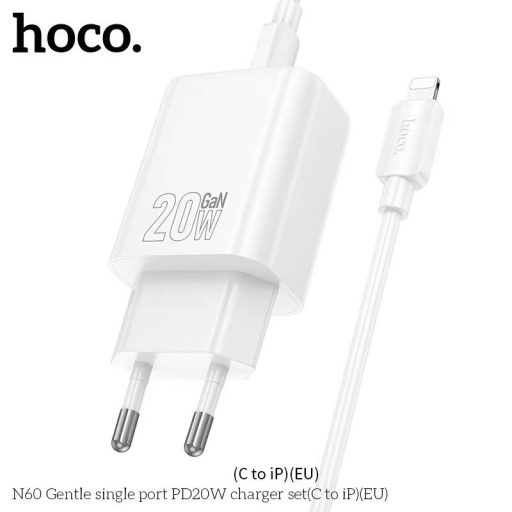 Hoco USB-C 20W-os GaN hálózati gyorstöltő + Lightning kábel - fehér