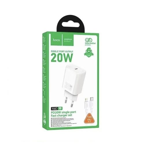 Hoco USB-C 20W-os GaN hálózati gyorstöltő + Lightning kábel - fehér