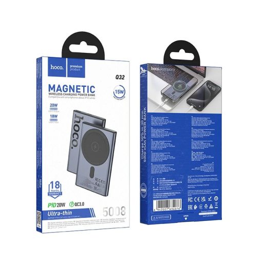 Power bank - Hoco Q32 MagSafe kompatibilis 5000 mAh QC PD 20W, fém szürke 