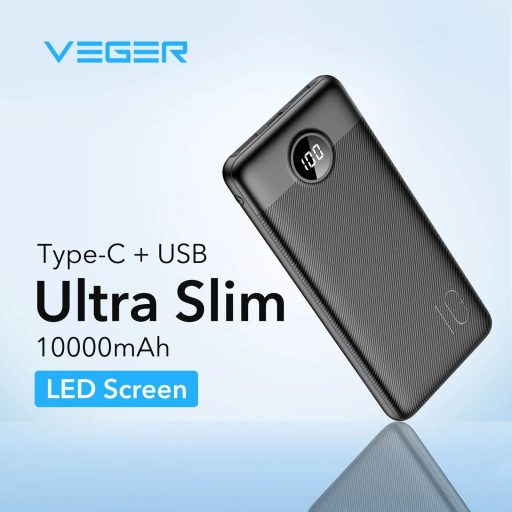 Power bank - VEGER L10S - 10000 mAh, 20W 2A PD QC3.0, fekete