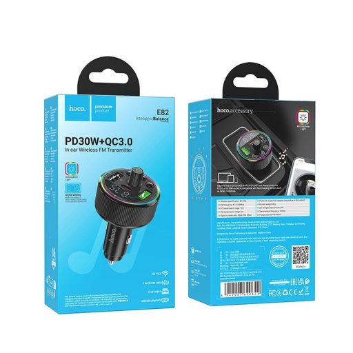 FM transmitter és töltő - Hoco E82 fekete - 2 x USB A + 1 x USB C, QC3.0 PD, 38W+30W, Max.: 68W