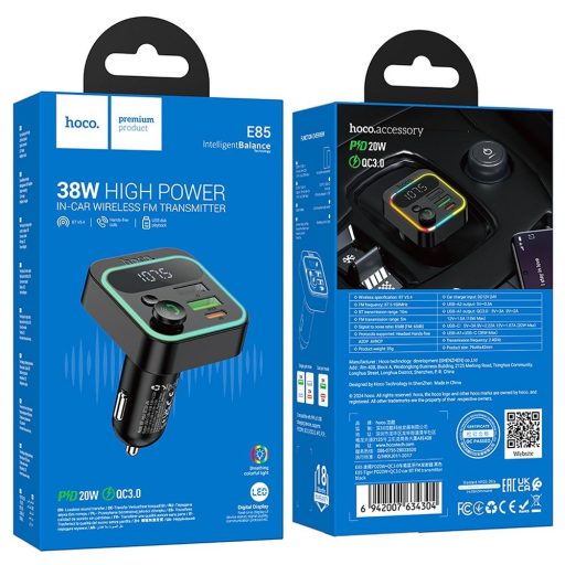 FM transmitter és töltő - Hoco E85 fekete - 2 x USB A + 1 x USB C, QC3.0 PD, 18W+20W