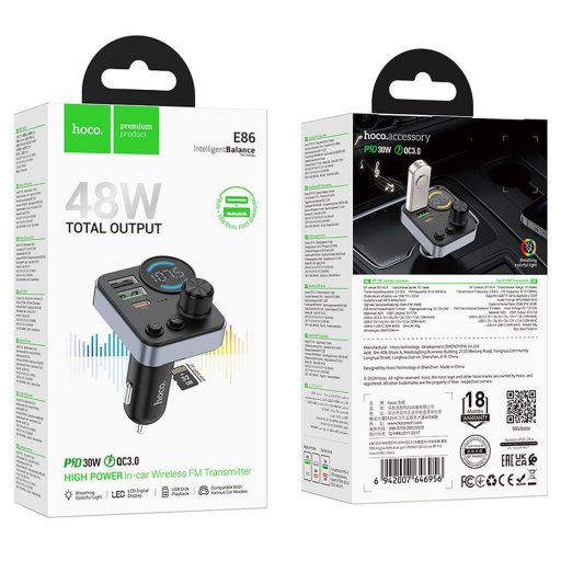 FM transmitter és töltő - Hoco E86 fekete - 2 x USB A + 1 x USB C, QC3.0 PD, 18W+30W