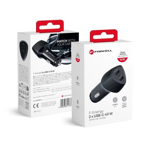 20W + 20W-os autós töltő - FORCELL F-ENERGY Carbon USB C + USB C