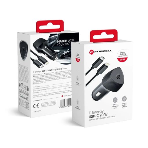 20W-os autós töltő szett - FORCELL F-ENERGY Carbon + USB C / iPhone Lightning kábel