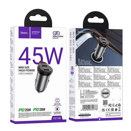 25W + 20W-os autós töltő - HOCO NZ16B USB C + USB C portokkal