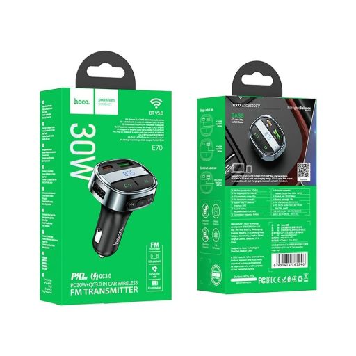 FM transmitter és töltő - Hoco E70 fekete - 2 x USB A + 1 x USB C, QC3.0 PD, 18W+30W