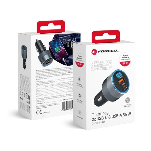 65W + 20W-os autós töltő - FORCELL F-ENERGY Alumínium, 2 x USB C + USB A