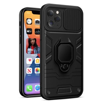   iPhone 14 Pro - LENS RING páncéltok, kameralencse védővel és kihajtható támasszal - FEKETE