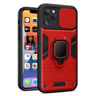   iPhone 14 Pro - LENS RING páncéltok, kameralencse védővel és kihajtható támasszal - PIROS / FEKETE