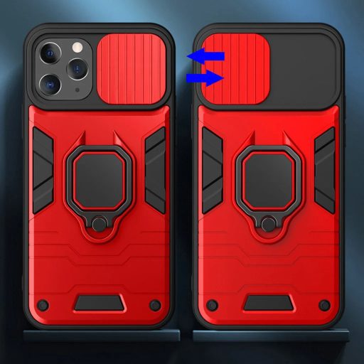 iPhone 14 Pro - LENS RING páncéltok, kameralencse védővel és kihajtható támasszal - PIROS / FEKETE