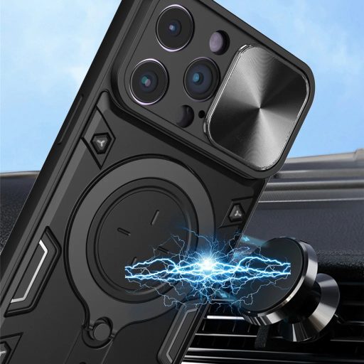iPhone 15 Pro Max - ARMOR RING páncéltok, kameralencse védővel, kihajtható támasszal - PIROS