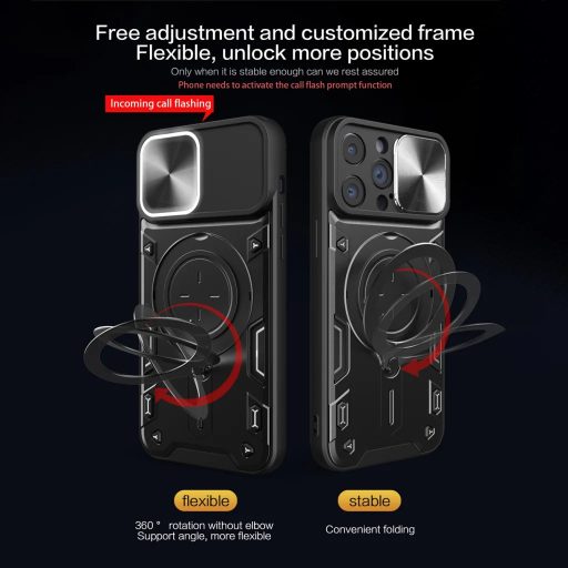 iPhone 15 Pro Max - ARMOR RING páncéltok, kameralencse védővel, kihajtható támasszal - PIROS