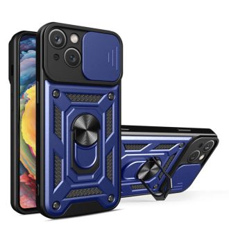   iPhone 15 Pro Max - LENS RING páncéltok, kameralencse védővel és kihajtható támasszal - KÉK / FEKETE