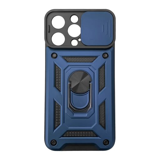iPhone 15 Pro Max - LENS RING páncéltok, kameralencse védővel és kihajtható támasszal - KÉK / FEKETE