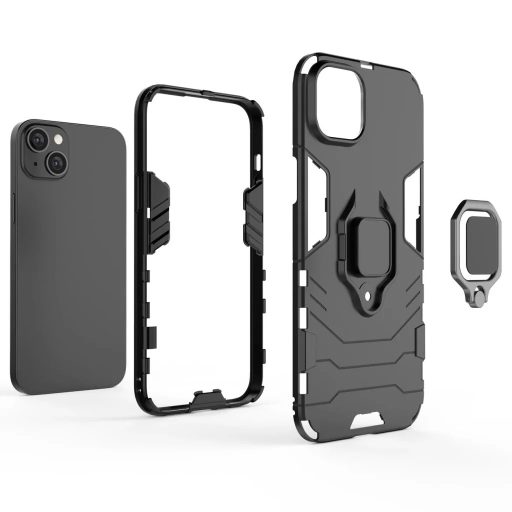 iPhone 14 - RING ARMOR páncéltok, mágneses kihajtható gyűrűvel - FEKETE