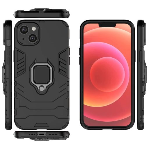 iPhone 14 - RING ARMOR páncéltok, mágneses kihajtható gyűrűvel - FEKETE