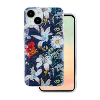iPhone 15 - Glow Glam tok virágmintával, kék 