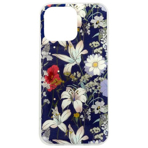 iPhone 15 - Glow Glam tok virágmintával, kék 