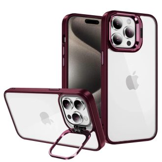   iPhone 15 Pro - Tel Protect - Kickstand tok + kameravédő üveg (lencse), burgundi