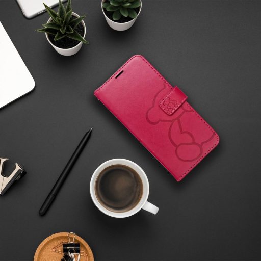 Samsung Galaxy A37 5G - MEZZO oldalra nyíló notesz tok, piros, maci mintával