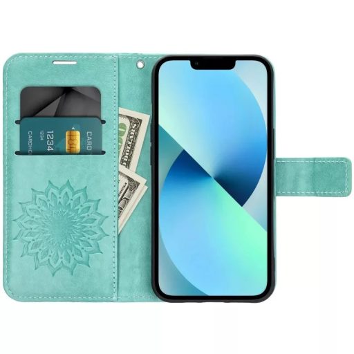 Samsung Galaxy A37 5G - MEZZO oldalra nyíló notesz tok, zöld, mandala mintával