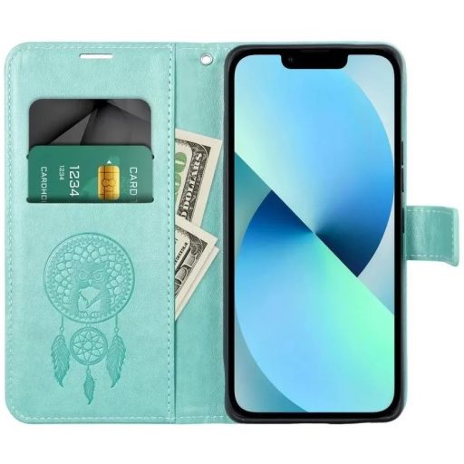 Samsung Galaxy A15 4G / 5G MEZZO oldalra nyíló notesz tok, zöld, álomfogó mintával