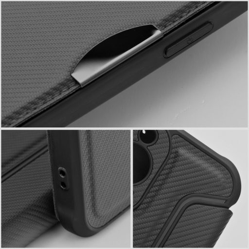 iPhone 13 Pro - RAZOR oldalra nyíló notesz tok, kameravédővel, fekete
