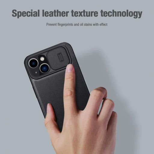 iPhone 14 Plus - Nillkin Qin Pro - bőr / szövet oldalra nyíló notesz tok, kameravédővel, szürke