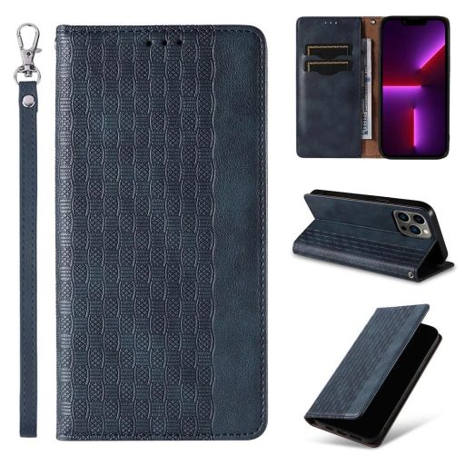 iPhone 14 - STRAP oldalra nyíló notesz tok, kék
